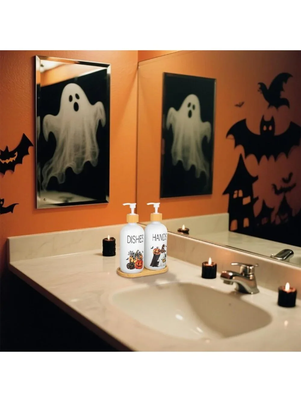 Spooky Pumpkin Ghost Soap Dispenser Set - Refillable Halloween Decor for Home